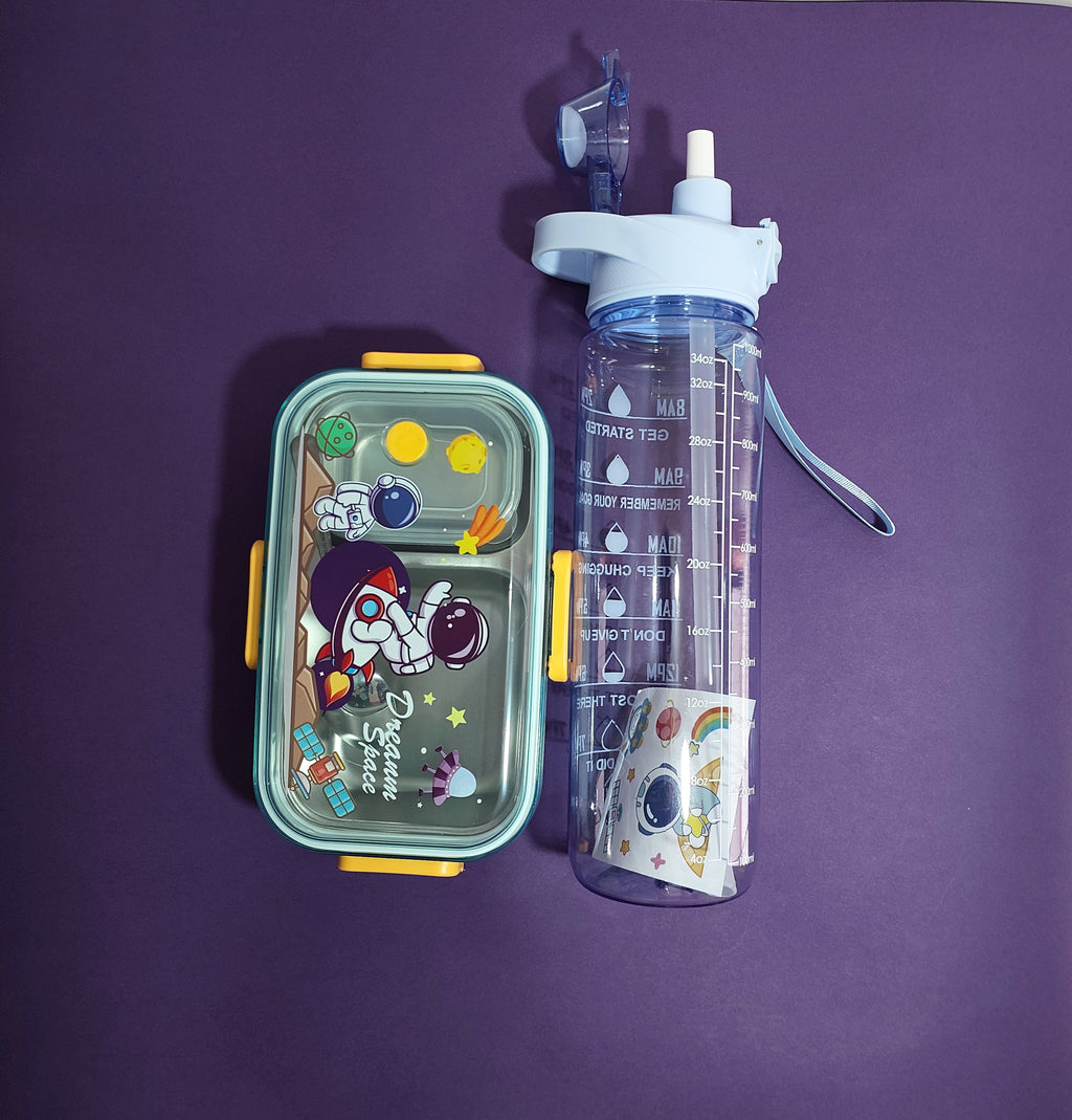 🚀🍶 Astronaut Stainless Steel Lunch Box Combo (2-Compartment + Bottle) – Perfect for Kids!