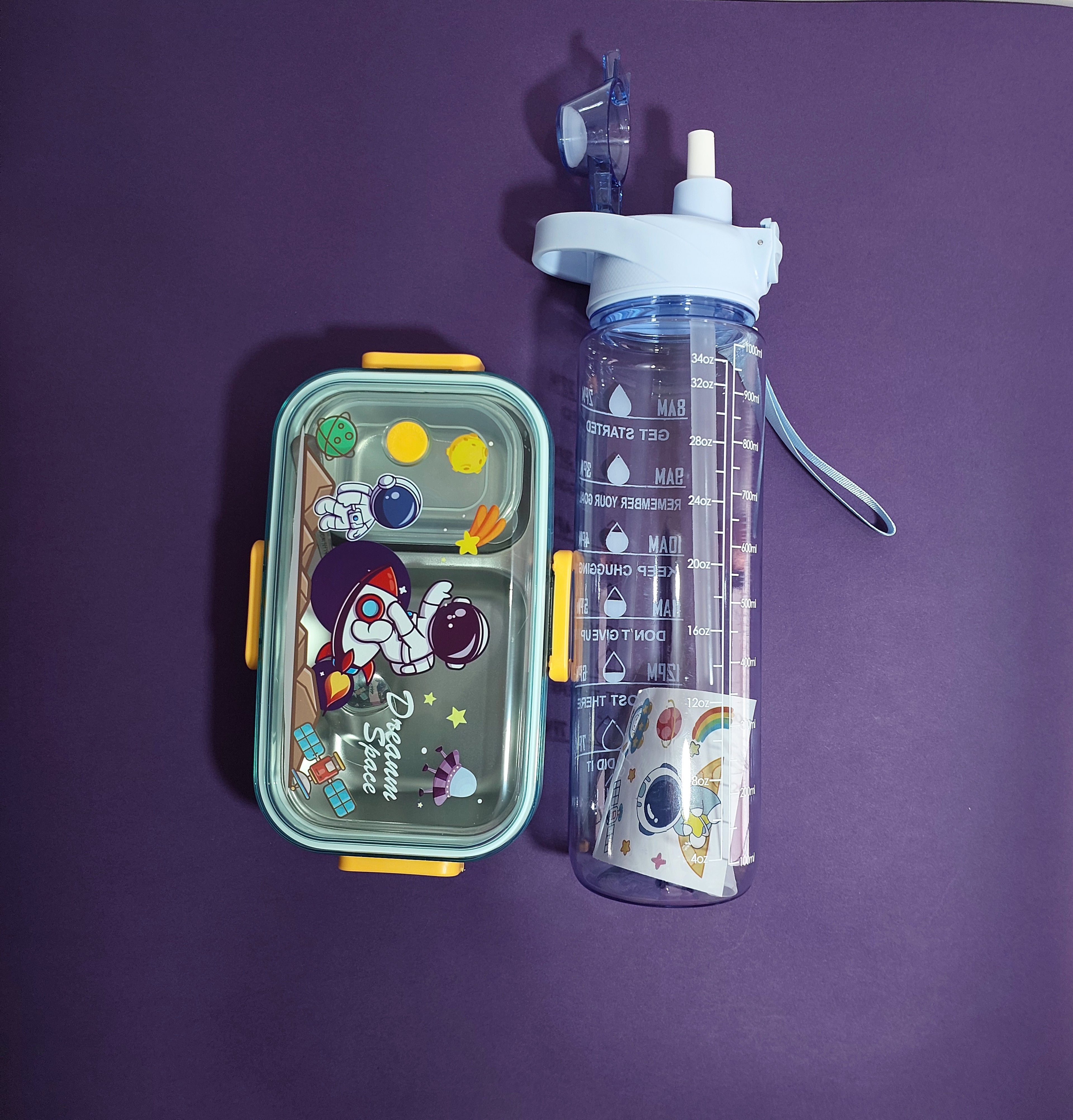 🚀🍶 Astronaut Stainless Steel Lunch Box Combo (2-Compartment + Bottle) – Perfect for Kids!