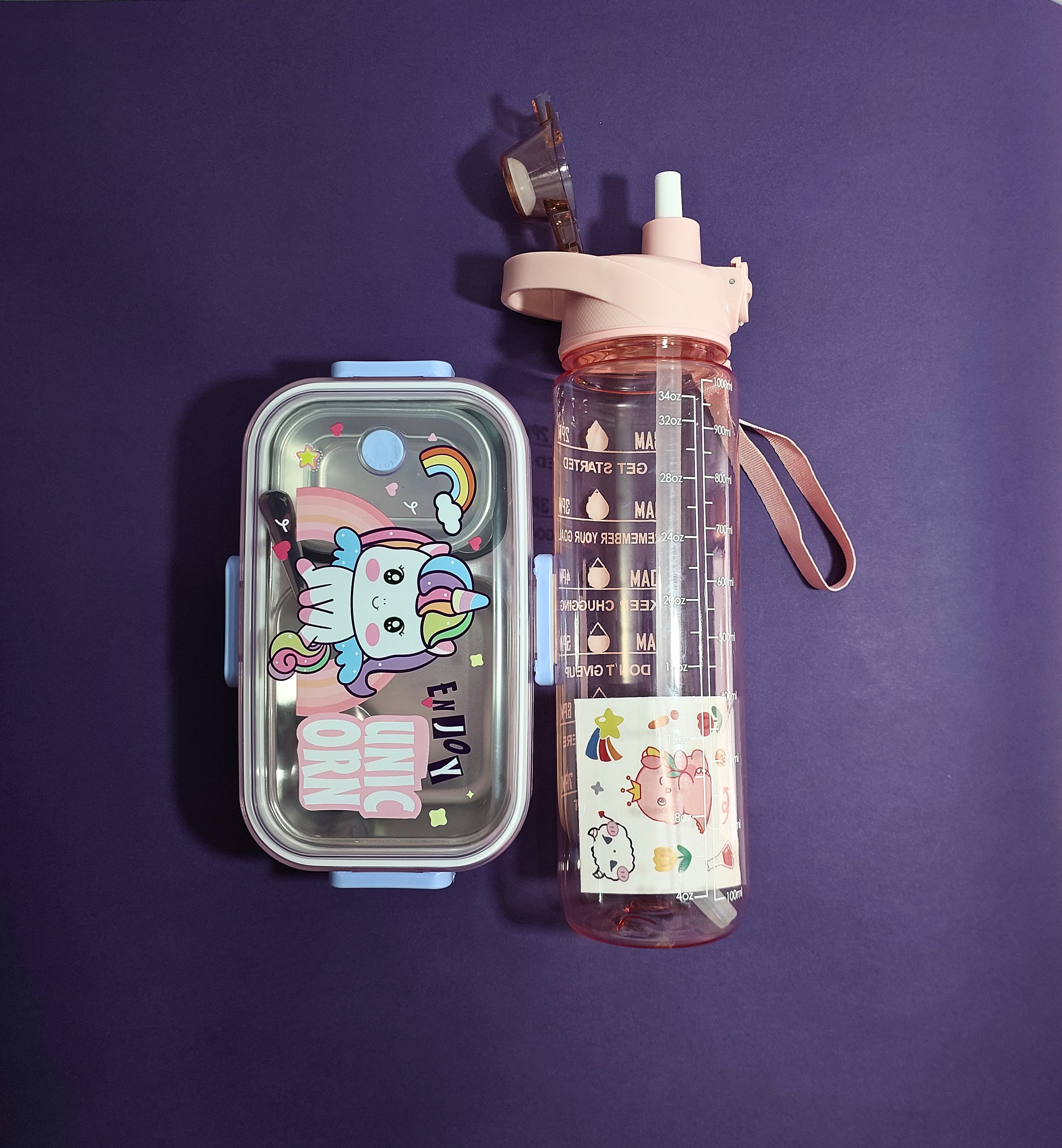 🦄 Adorable Unicorn Stainless Steel Lunch Box Combo (2-Compartment + Bottle) – Perfect for Kids!