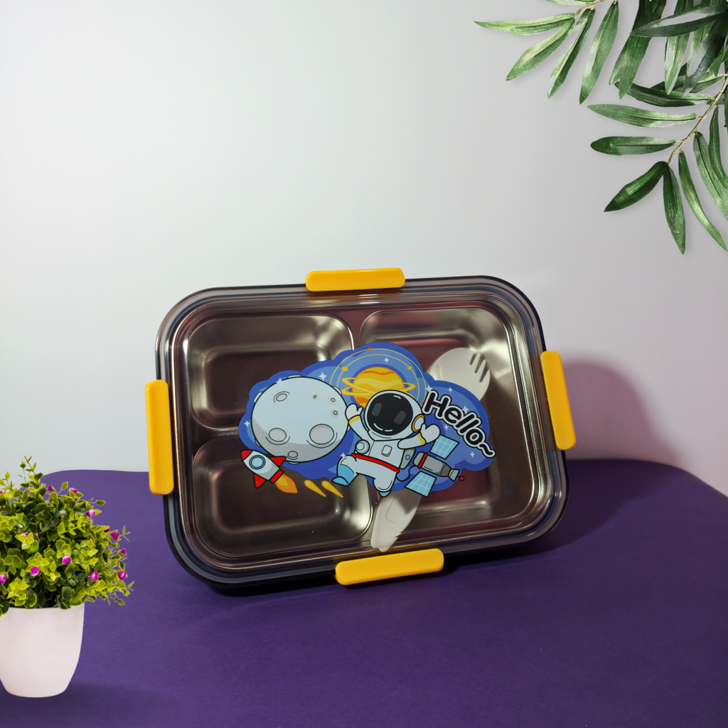 🚀 Astronaut Stainless Steel 3-Compartment Kids Lunch Box