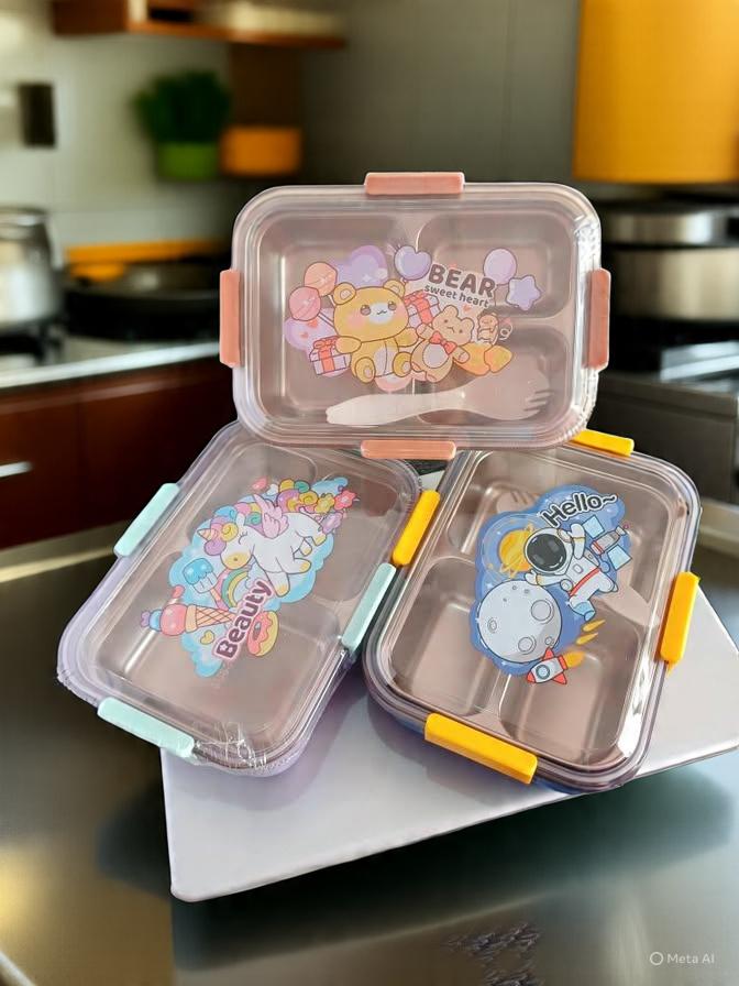 🚀 Astronaut Stainless Steel 3-Compartment Kids Lunch Box