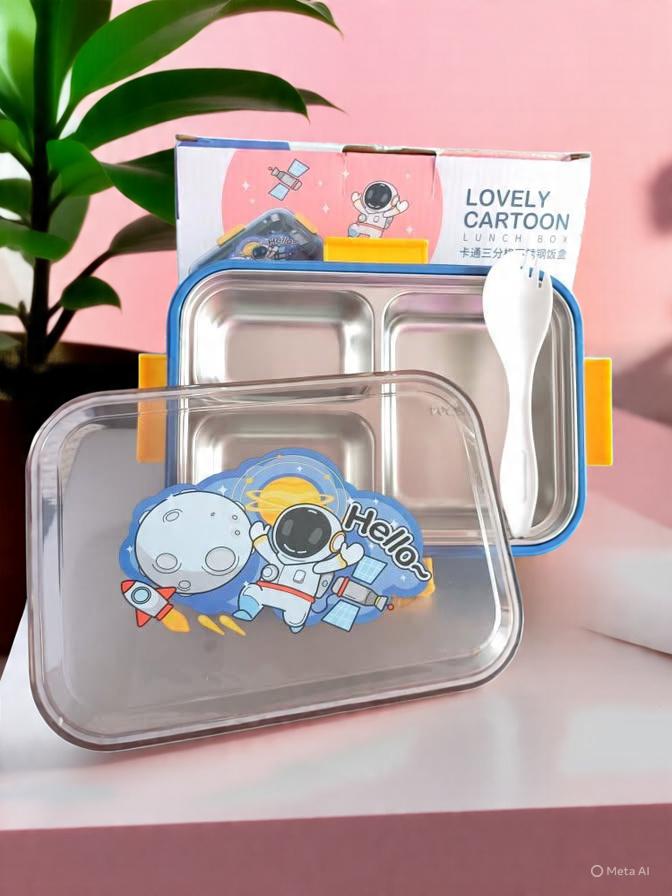 🚀 Astronaut Stainless Steel 3-Compartment Kids Lunch Box