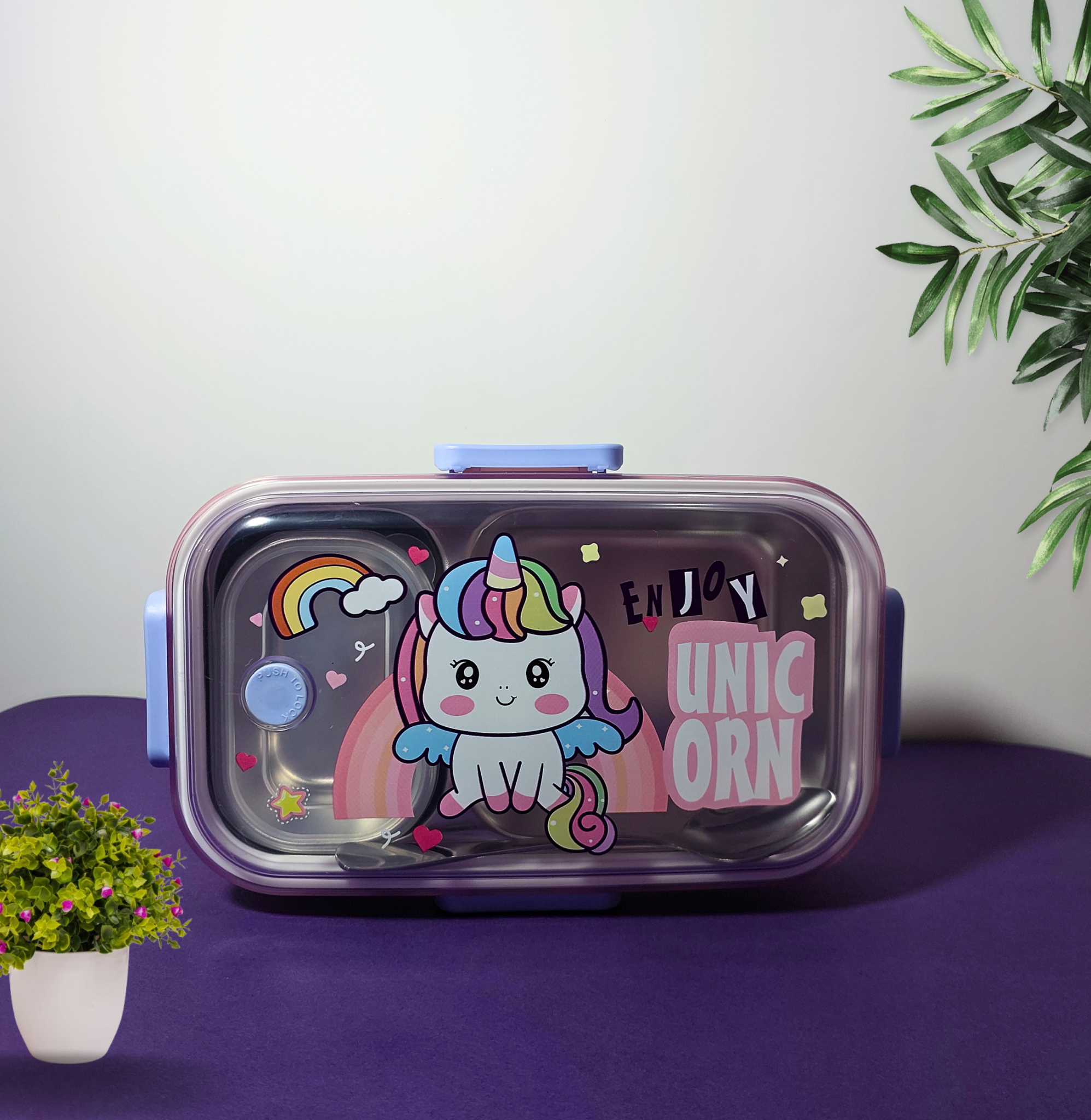 🦄 Adorable Unicorn Stainless Steel Lunch Box Combo (2-Compartment + Bottle) – Perfect for Kids!