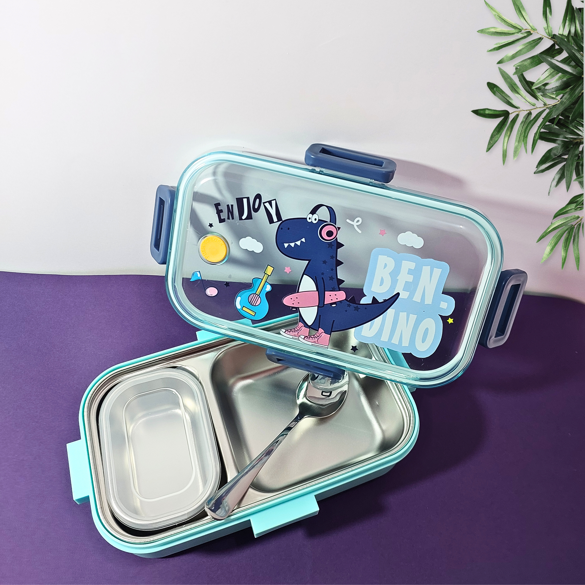 🐱‍🐉🍶 Ben Dino Stainless Steel Lunch Box Combo (2-Compartment + Bottle) – Perfect for Kids!