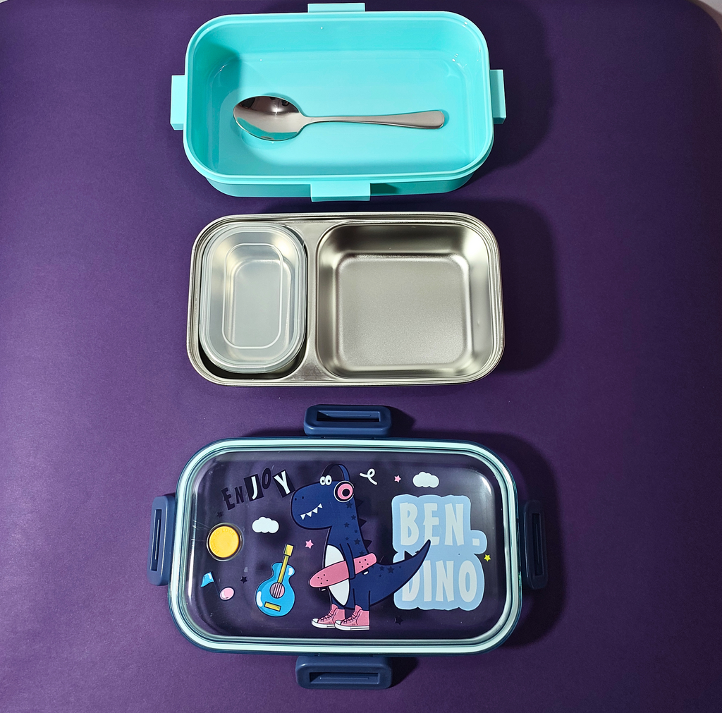 🐱‍🐉🍶 Ben Dino Stainless Steel Lunch Box Combo (2-Compartment + Bottle) – Perfect for Kids!