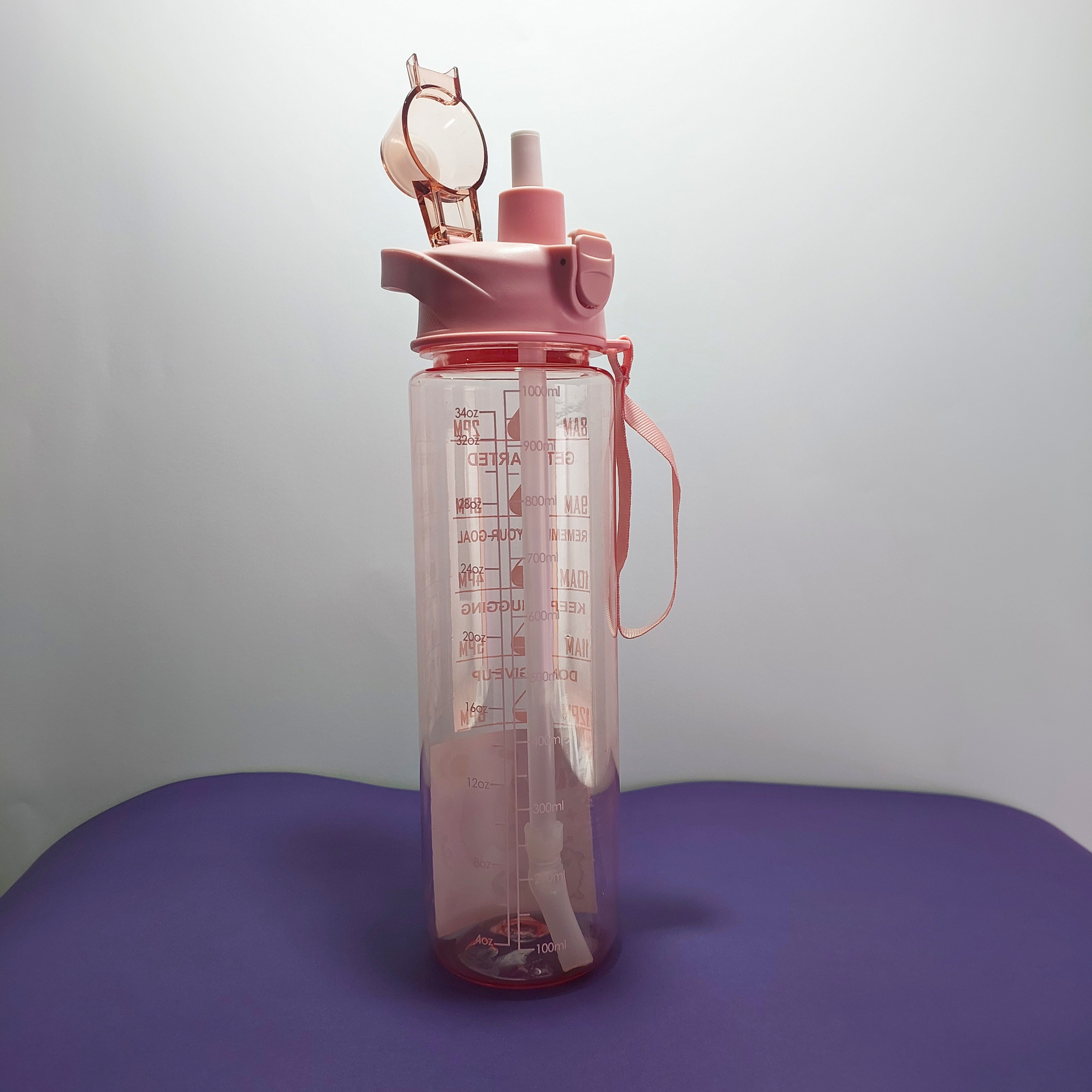 💧 Pink color- 1001ml Transparent Motivational Water Bottle (BPA-Free)